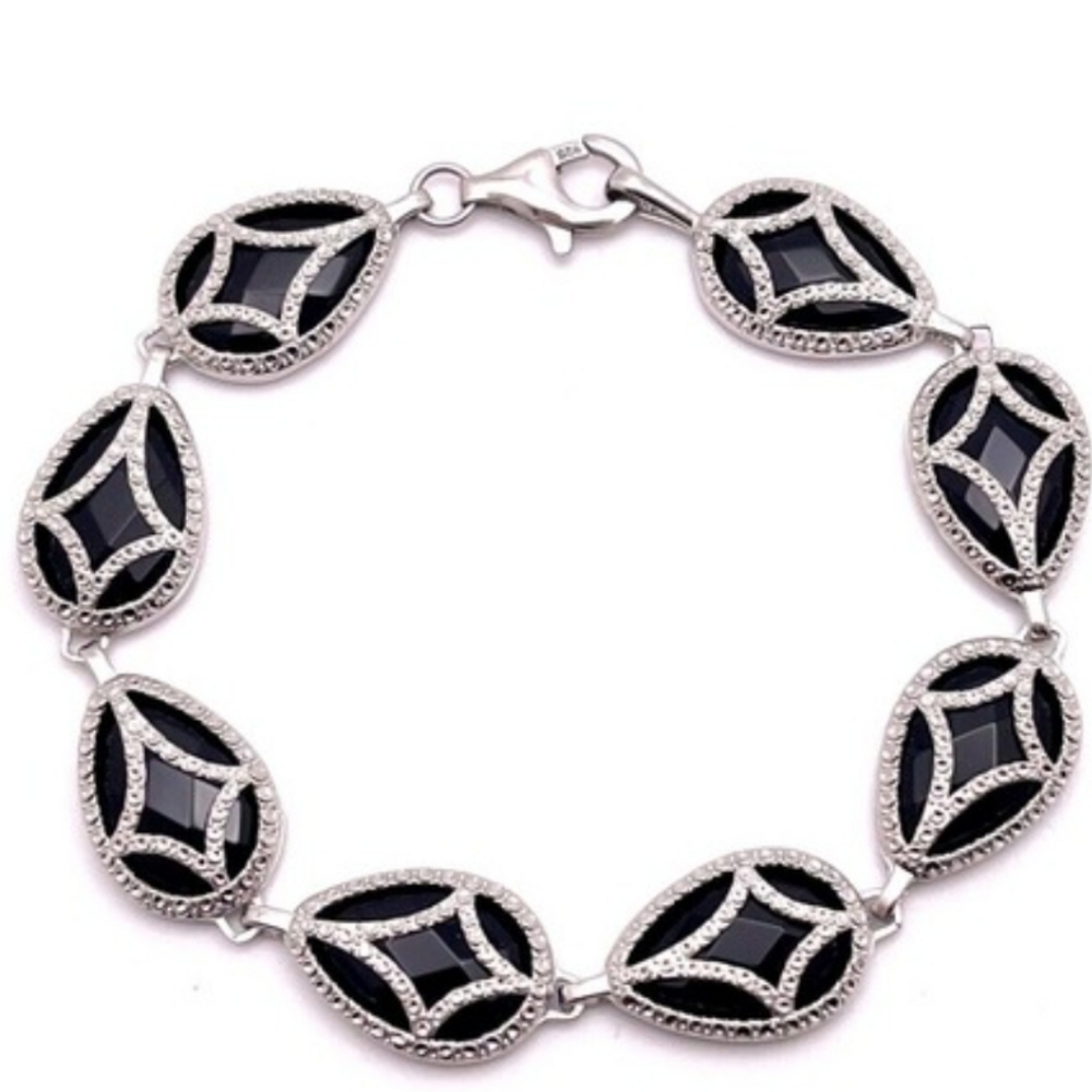 Genuine Black Onyx And 925  Sterling Silver Diamond Cut Bracelet
